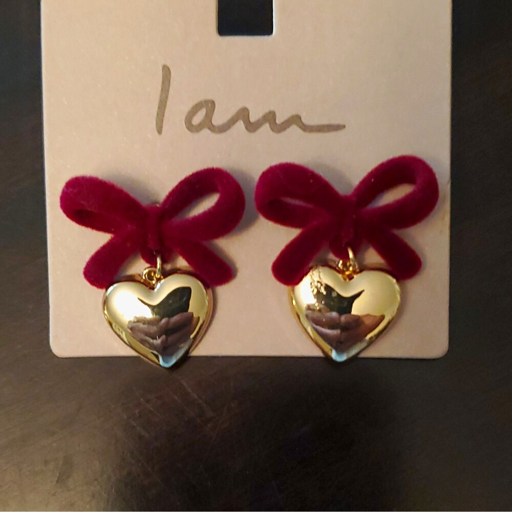 I Am Red Bow & Heart Dangle/Drop Earrings Gold Tone Post Closure
